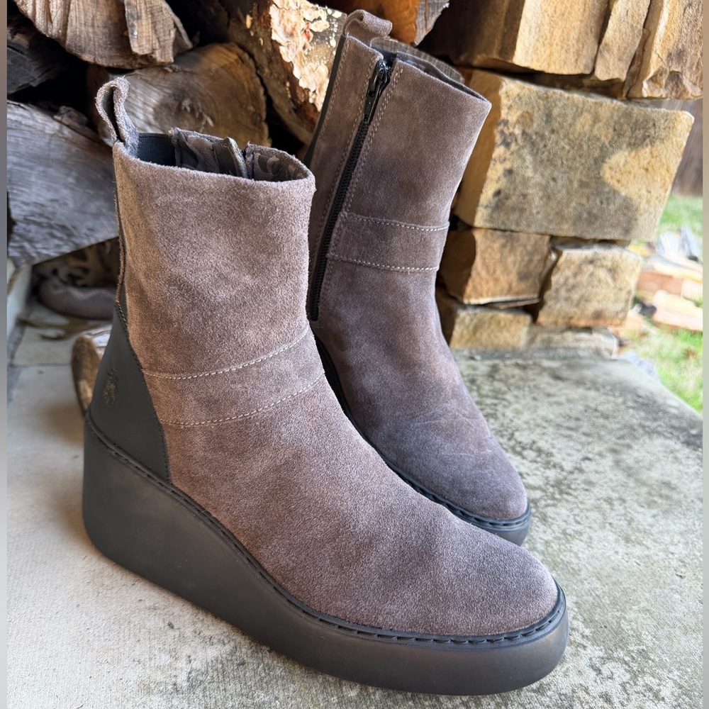 Fly London Taupe Suede Platform Ankle Boots Doxe Suede & Leather Sz-38 (7.5)   E